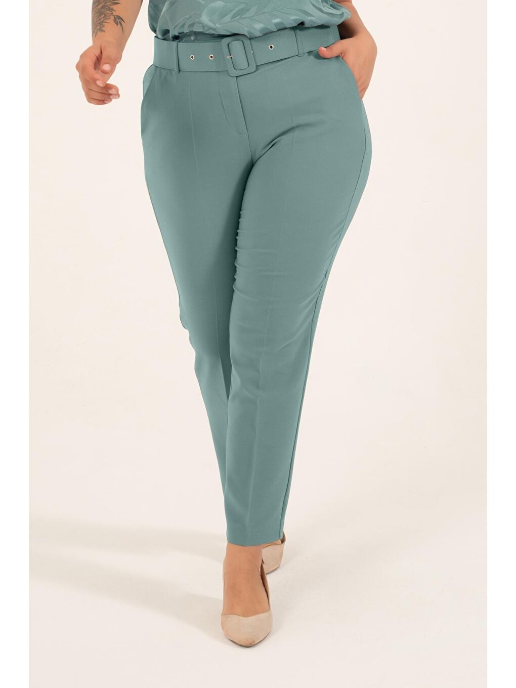 Mylinemoda Mint Yeşil Cep Detaylı Kemerli Klasik Pantolon - 2