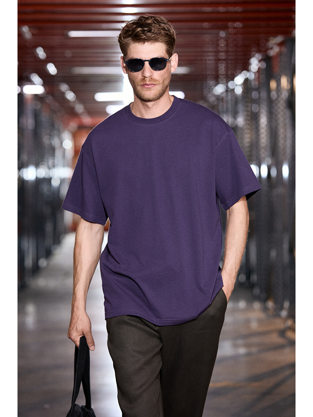 Mor JETT Erkek Oversize Fit %100 organik Pamuk Kalın Dokulu Bisiklet Yakalı KOYU MOR T-Shirt