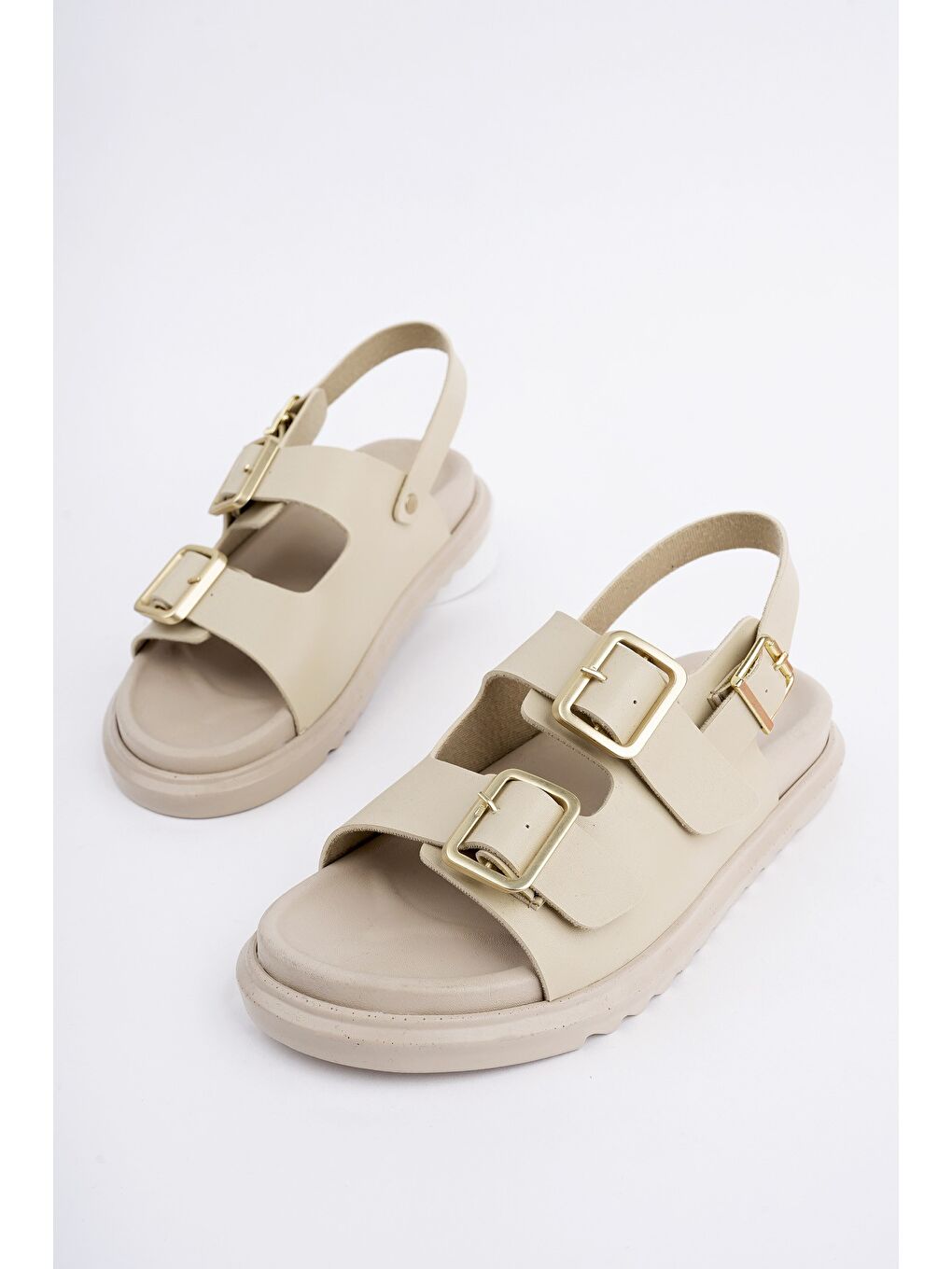 Bej MEGGİE Çift Bantlı Ayarlanabilir Kemerli Günlük Kadın Sandalet