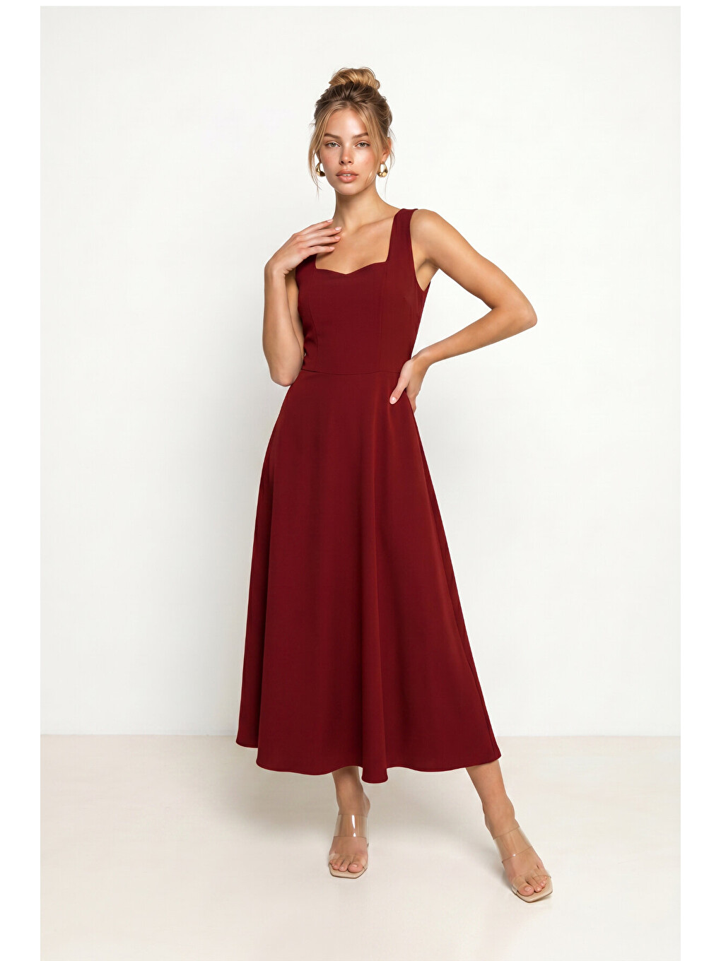 A Kesim Midi Dokuma Elbise Bordo Lnt0042-1