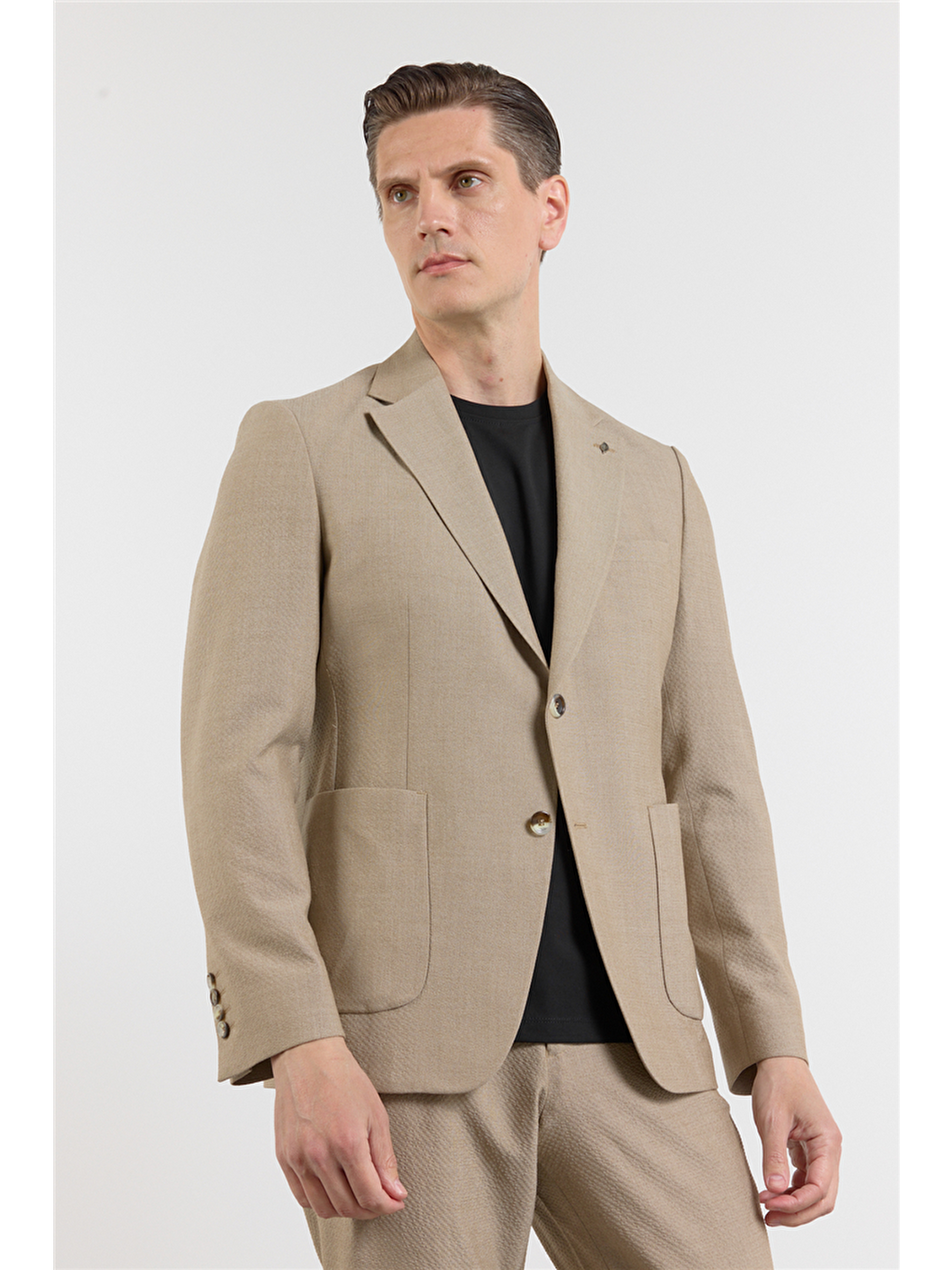 Koyu Bej Mono Yaka Düz Desen 6 Drop Slim Fit Esnek Takım Elbise 1001260157-1