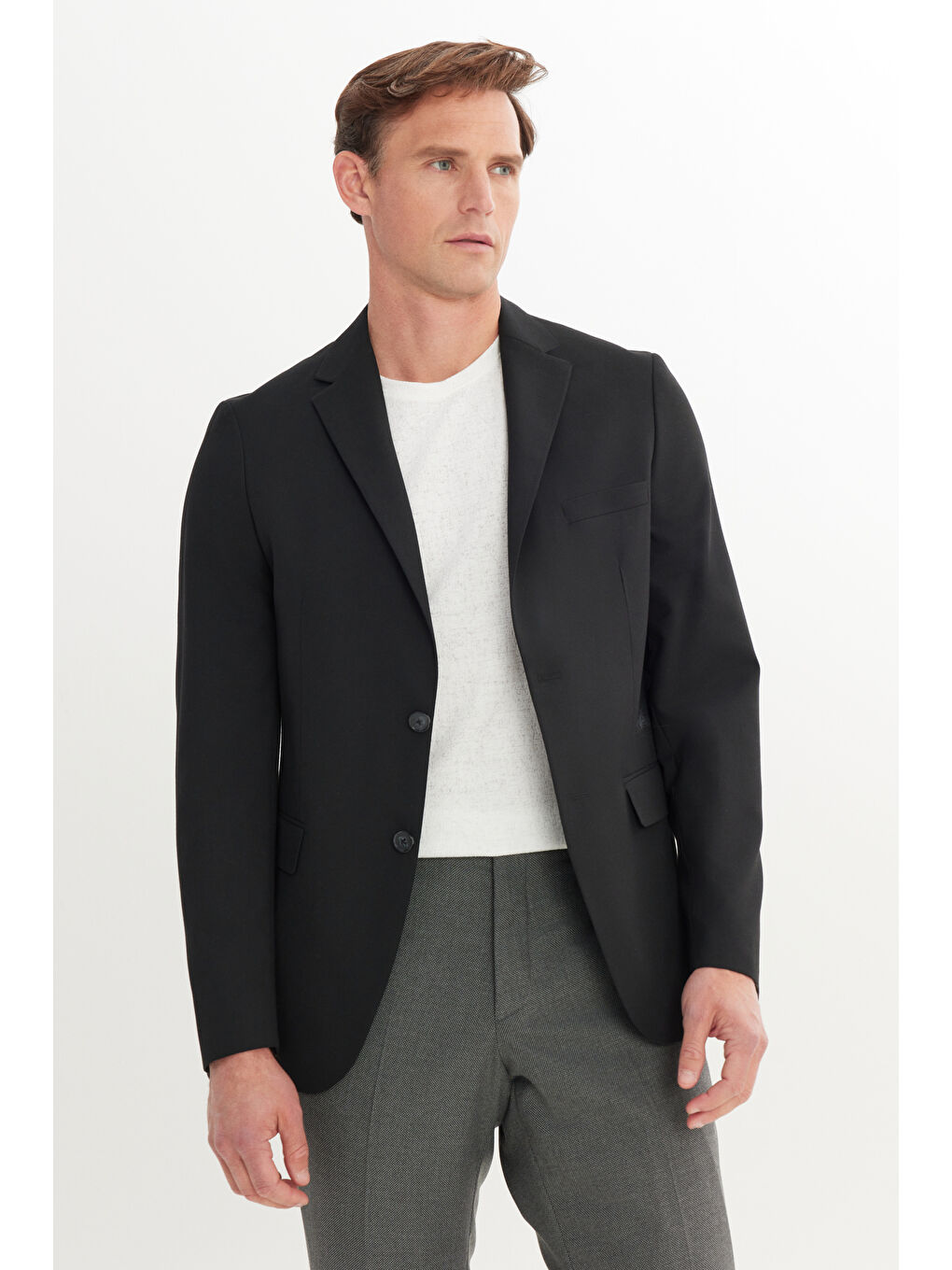 Erkek Siyah Yünlü Slim Fit Dar Kesim Mono Yaka Kapak Cepli Blazer Ceket