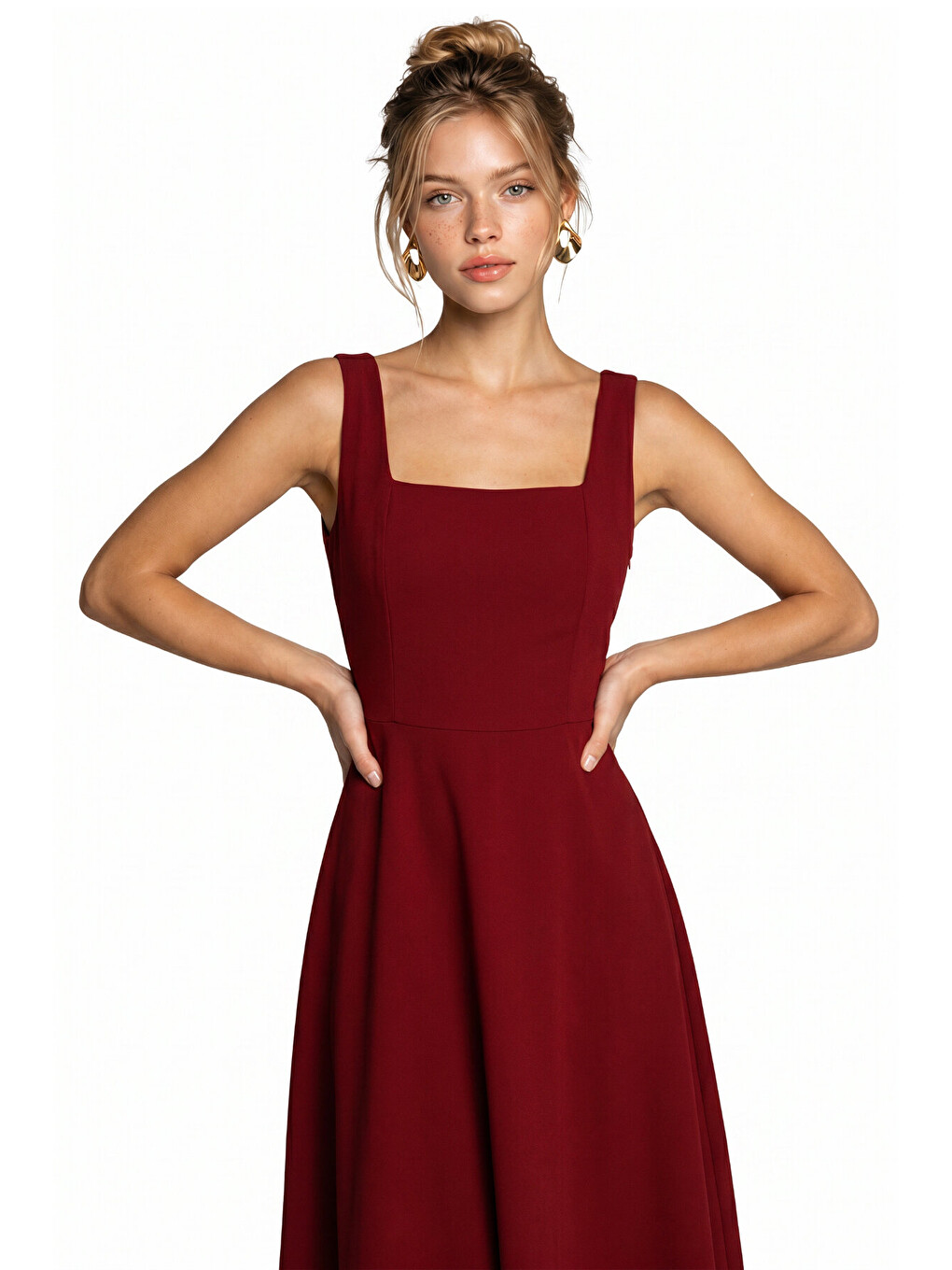 A Kesim Midi Dokuma Elbise Bordo Lnt0042-3