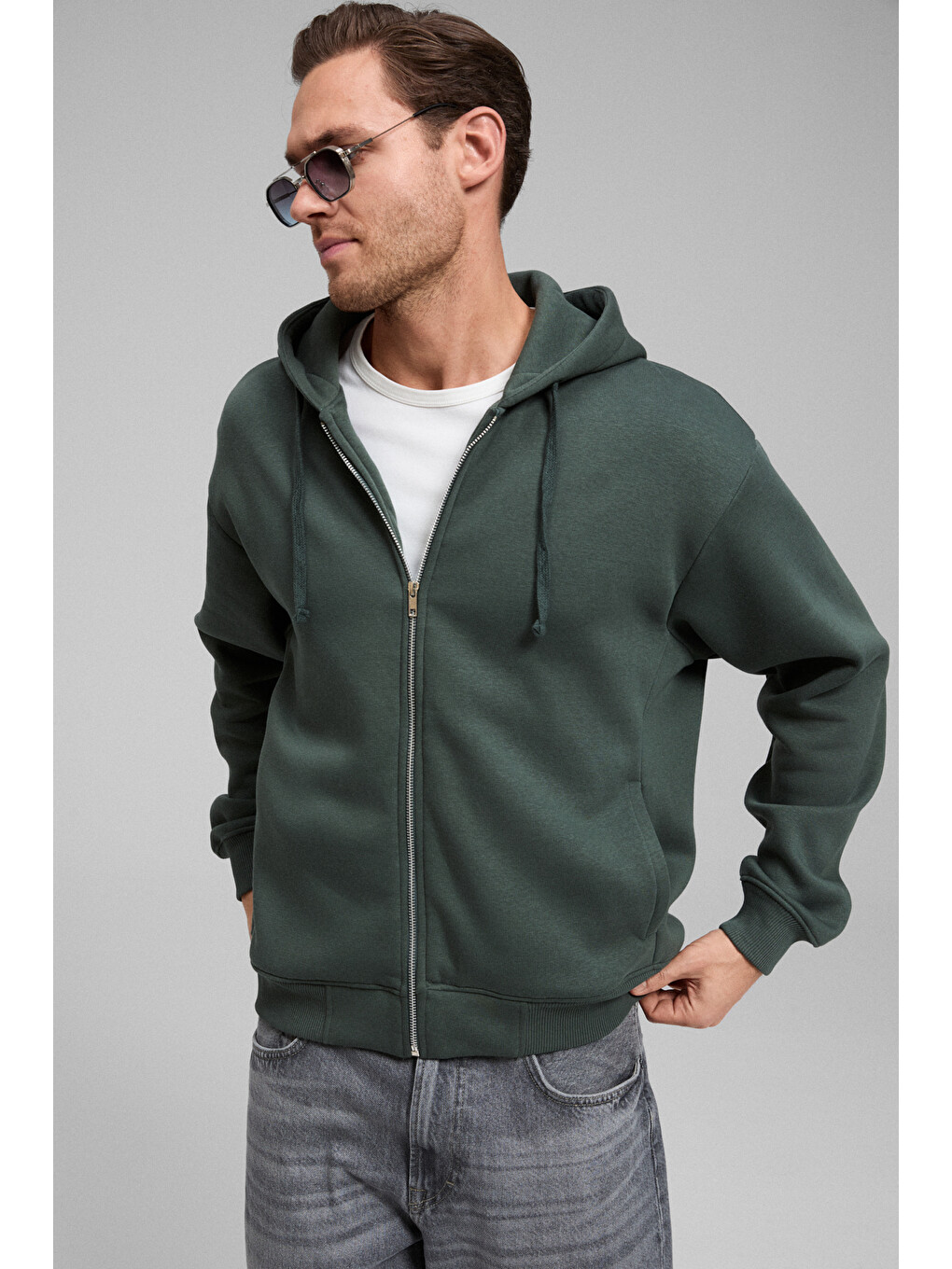 Ashby Erkek Kapüşonlu Fermuarlı Cepli Kordonlu Boxy Kalıp Yeşil Sweatshirt-2