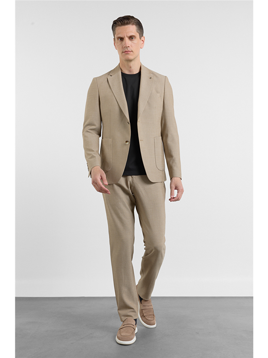 Koyu Bej Mono Yaka Düz Desen 6 Drop Slim Fit Esnek Takım Elbise 1001260157-2