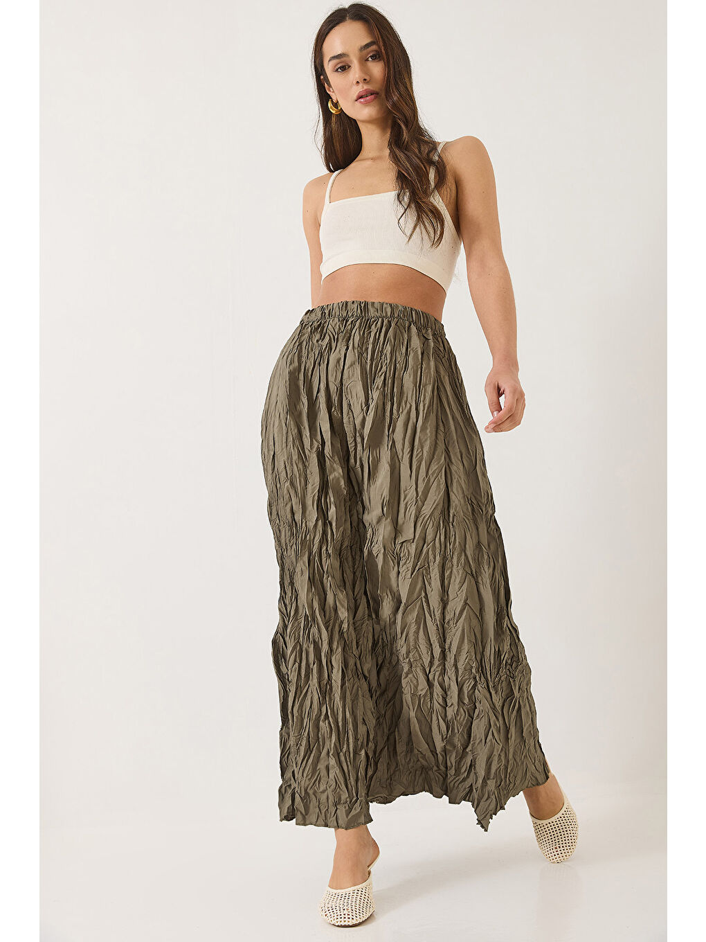 Haki Kadın Beli Lastikli Crush Efektli Uzun Etek