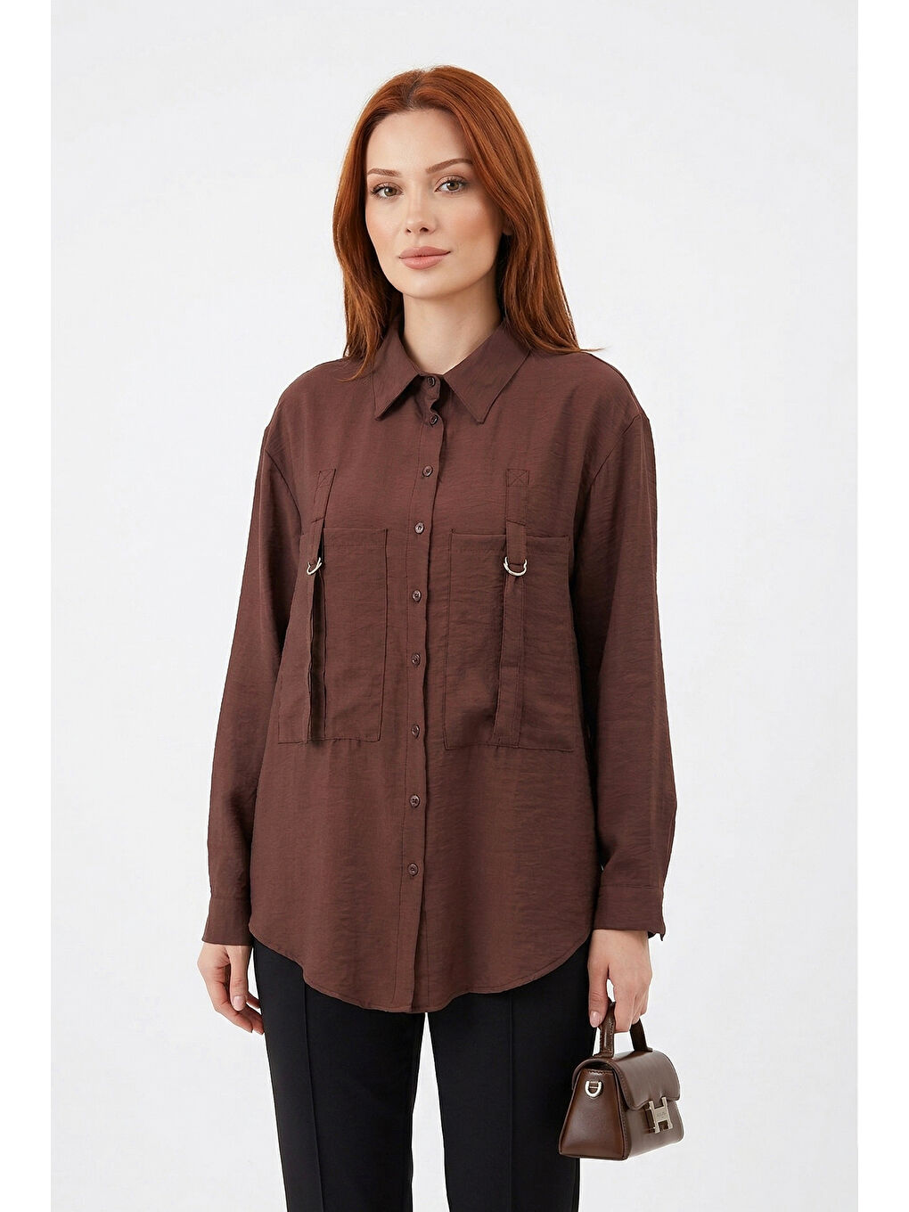 Önden İki Cepli Toka Detaylı Gömlek 191 Kahverengi