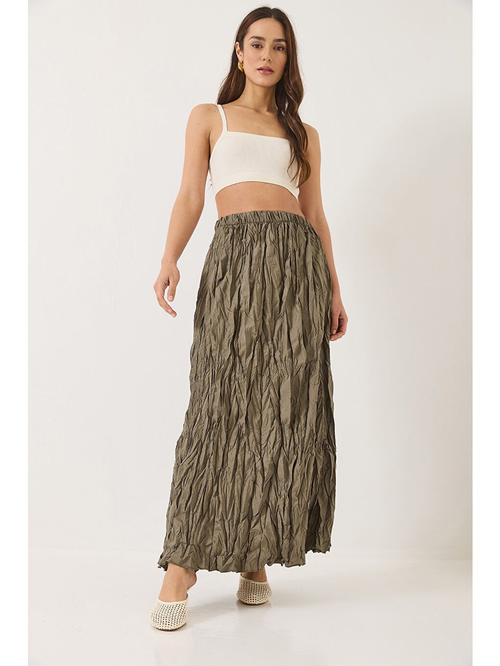 Haki Kadın Beli Lastikli Crush Efektli Uzun Etek-1