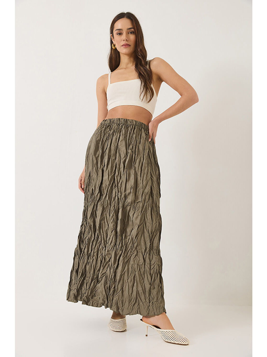 Haki Kadın Beli Lastikli Crush Efektli Uzun Etek-2