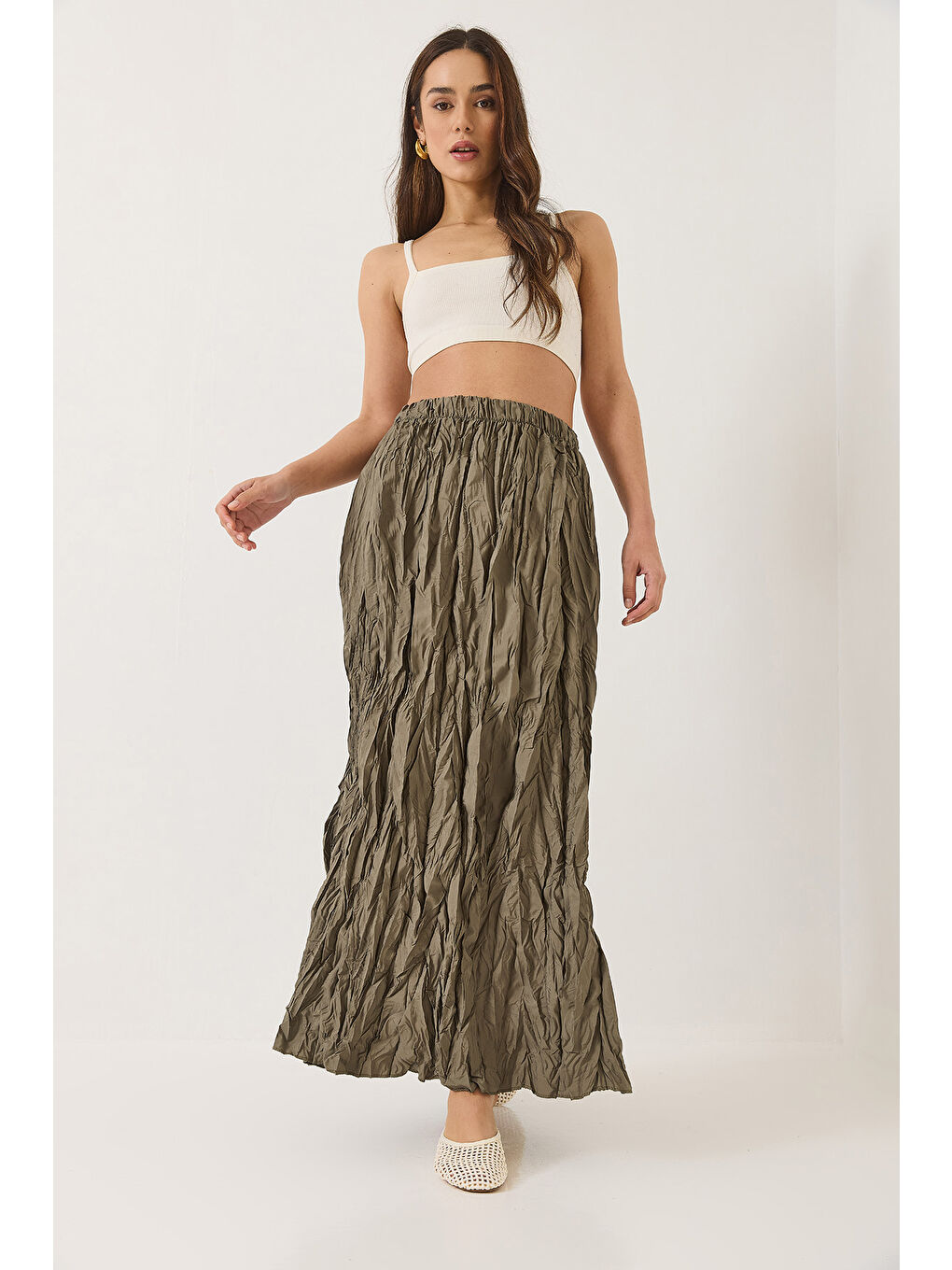 Haki Kadın Beli Lastikli Crush Efektli Uzun Etek-3