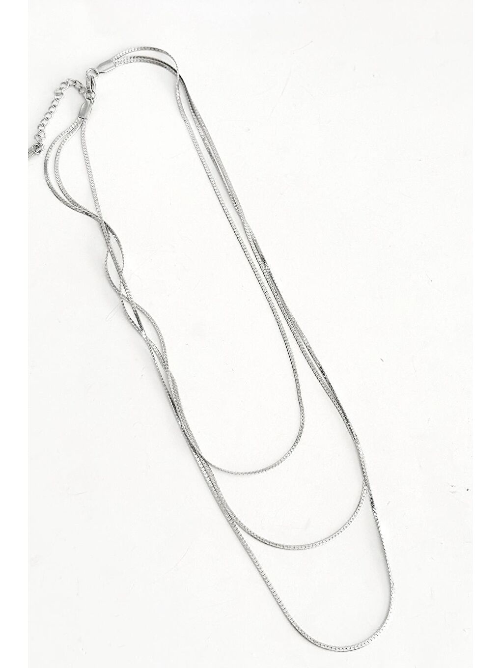 Gri Paslanmaz Çelik Gümüş Kaplama 3 Sıralı İtalyan İnce Yassı Kadın Zincir Kolye-1