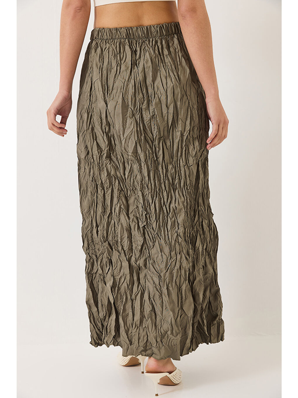 Haki Kadın Beli Lastikli Crush Efektli Uzun Etek-5