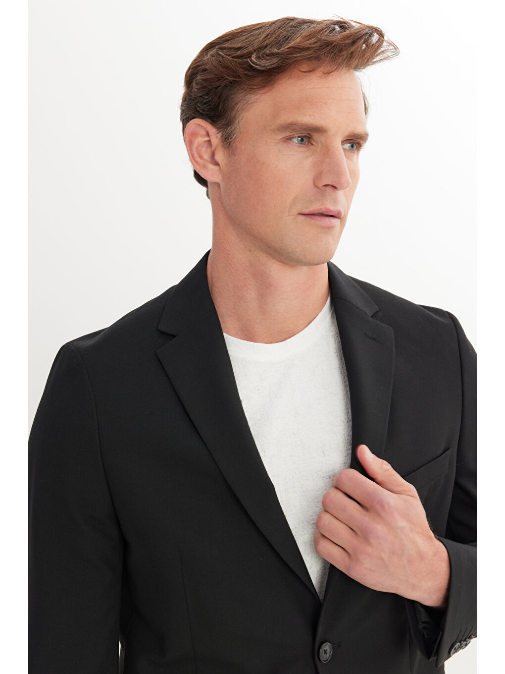 Erkek Siyah Yünlü Slim Fit Dar Kesim Mono Yaka Kapak Cepli Blazer Ceket-3