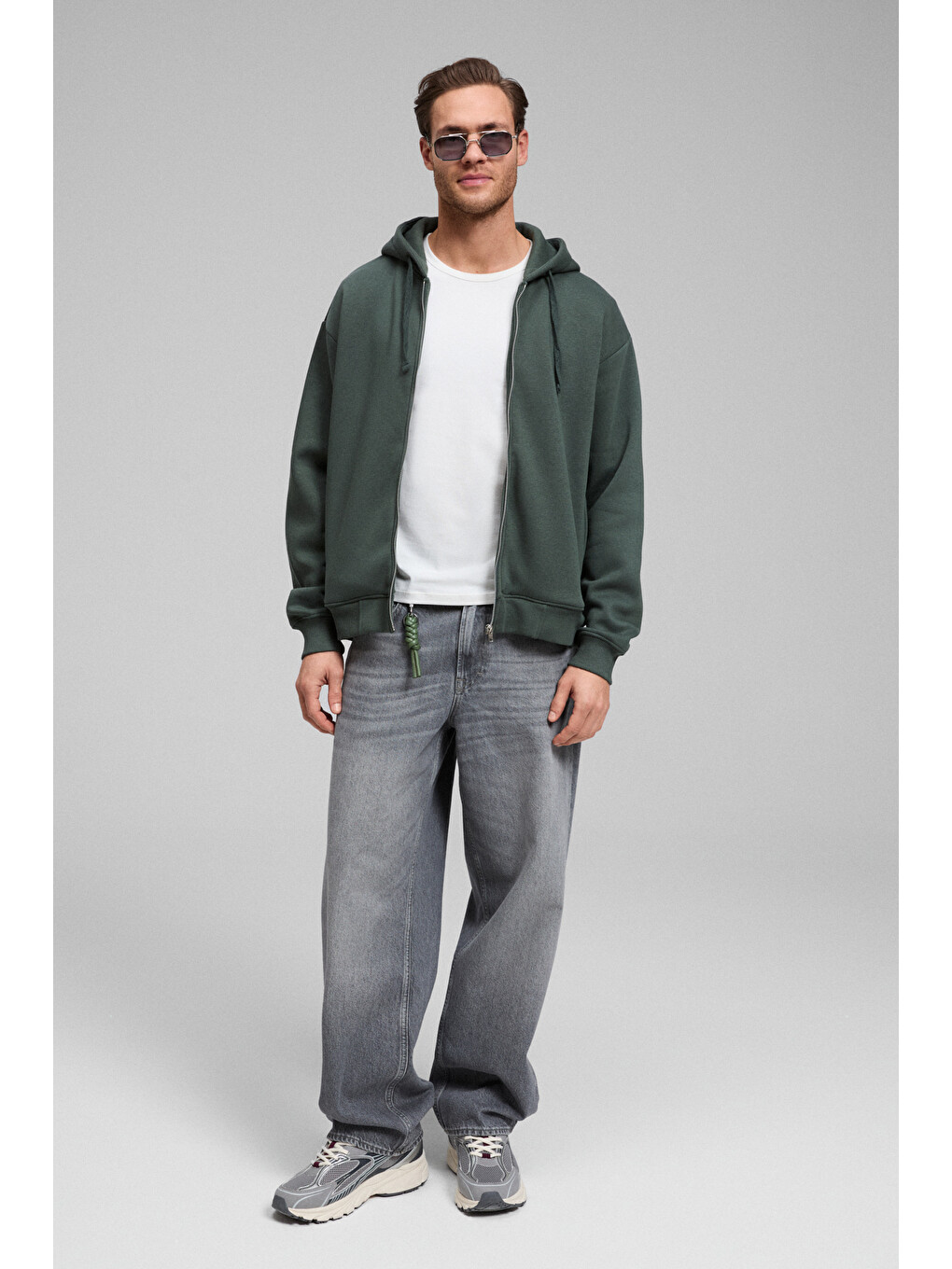 Ashby Erkek Kapüşonlu Fermuarlı Cepli Kordonlu Boxy Kalıp Yeşil Sweatshirt-3