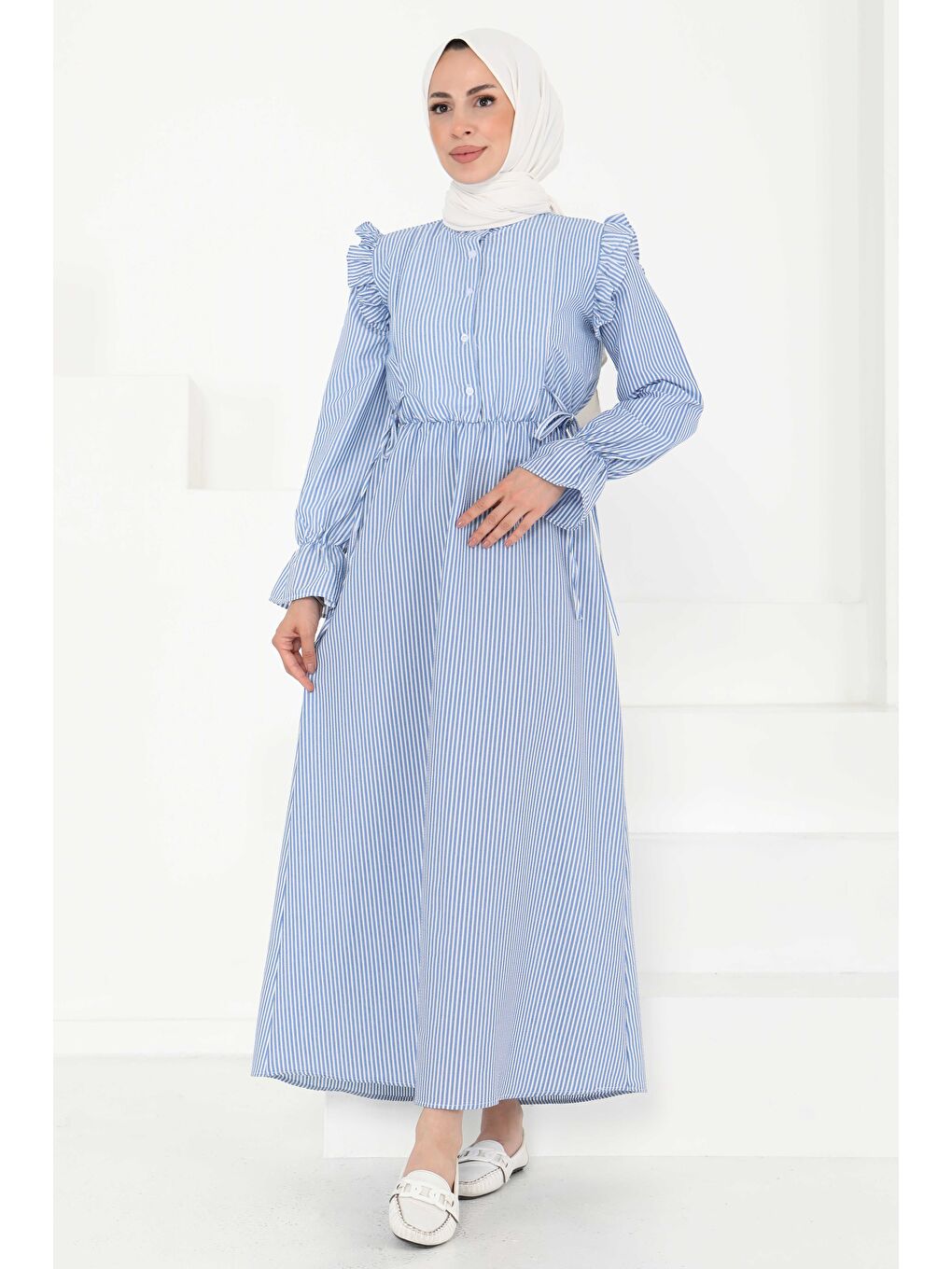 Mavi Çizgili Elbise Saks - 27187