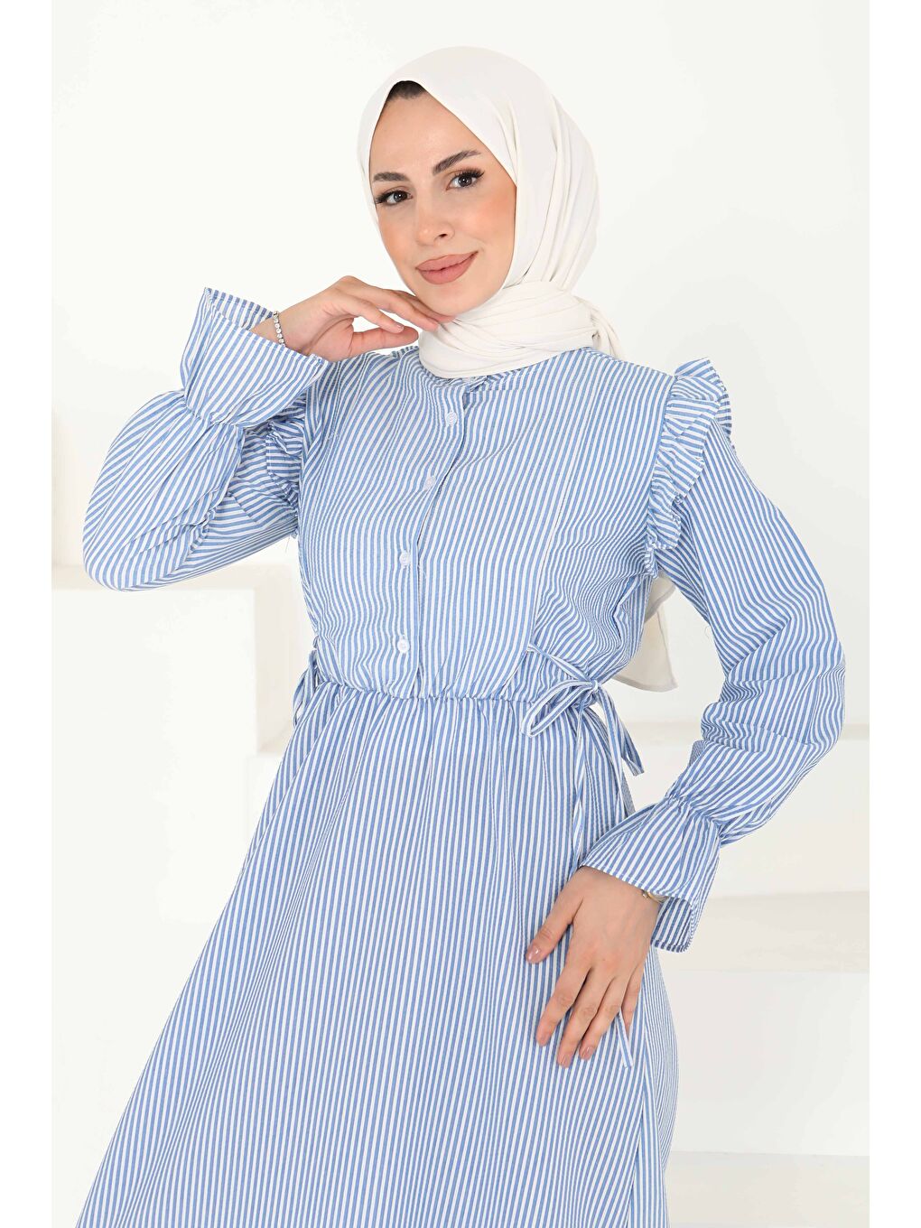 Mavi Çizgili Elbise Saks - 27187-1