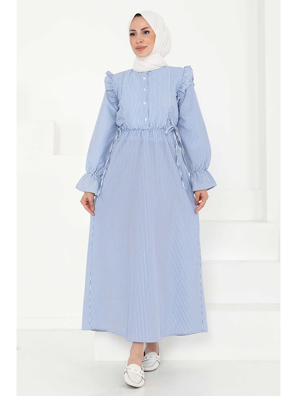 Mavi Çizgili Elbise Saks - 27187-2