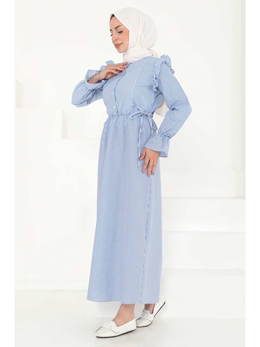 Mavi Çizgili Elbise Saks - 27187-3