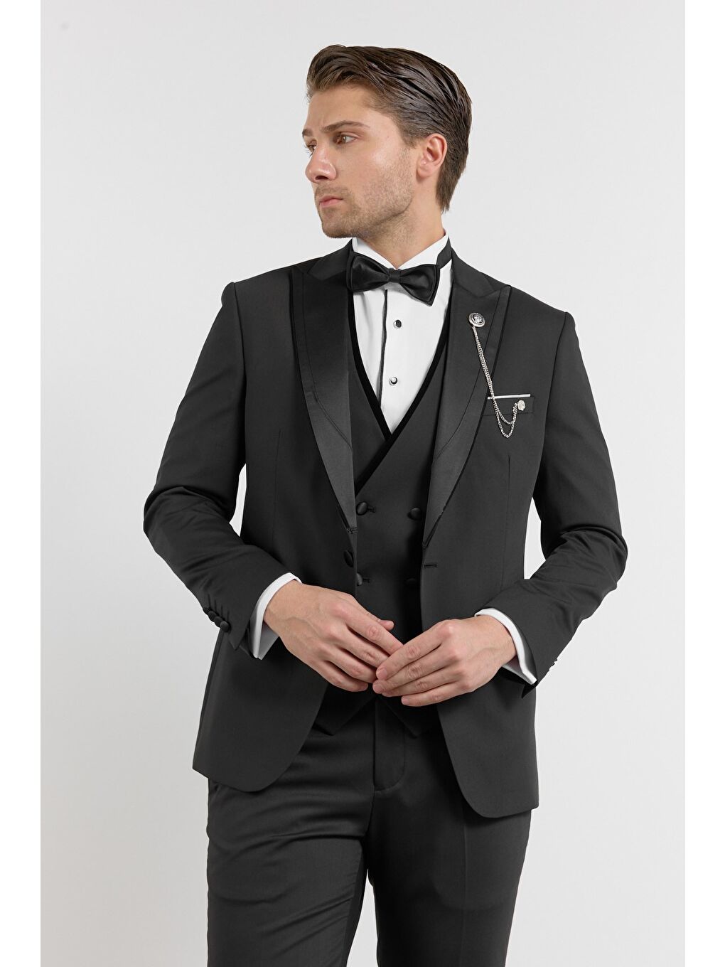 Siyah Kılıç Yaka Düz Desen 6 Drop Slim Fit Esnek Yelekli Takım Elbise 1001260287-1