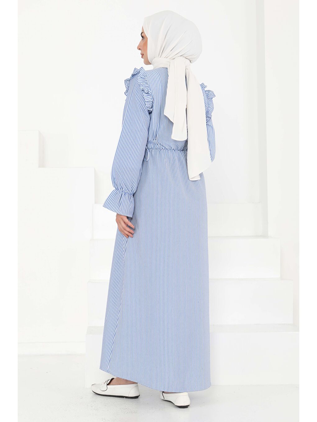 Mavi Çizgili Elbise Saks - 27187-5