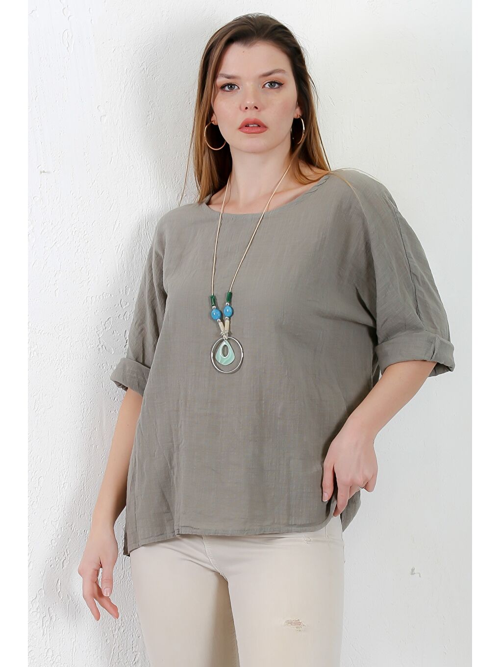 İtalyan Haki Havuz Yaka 3/4 Kol Casual Keten Karışımlı Dokuma Bluz-2