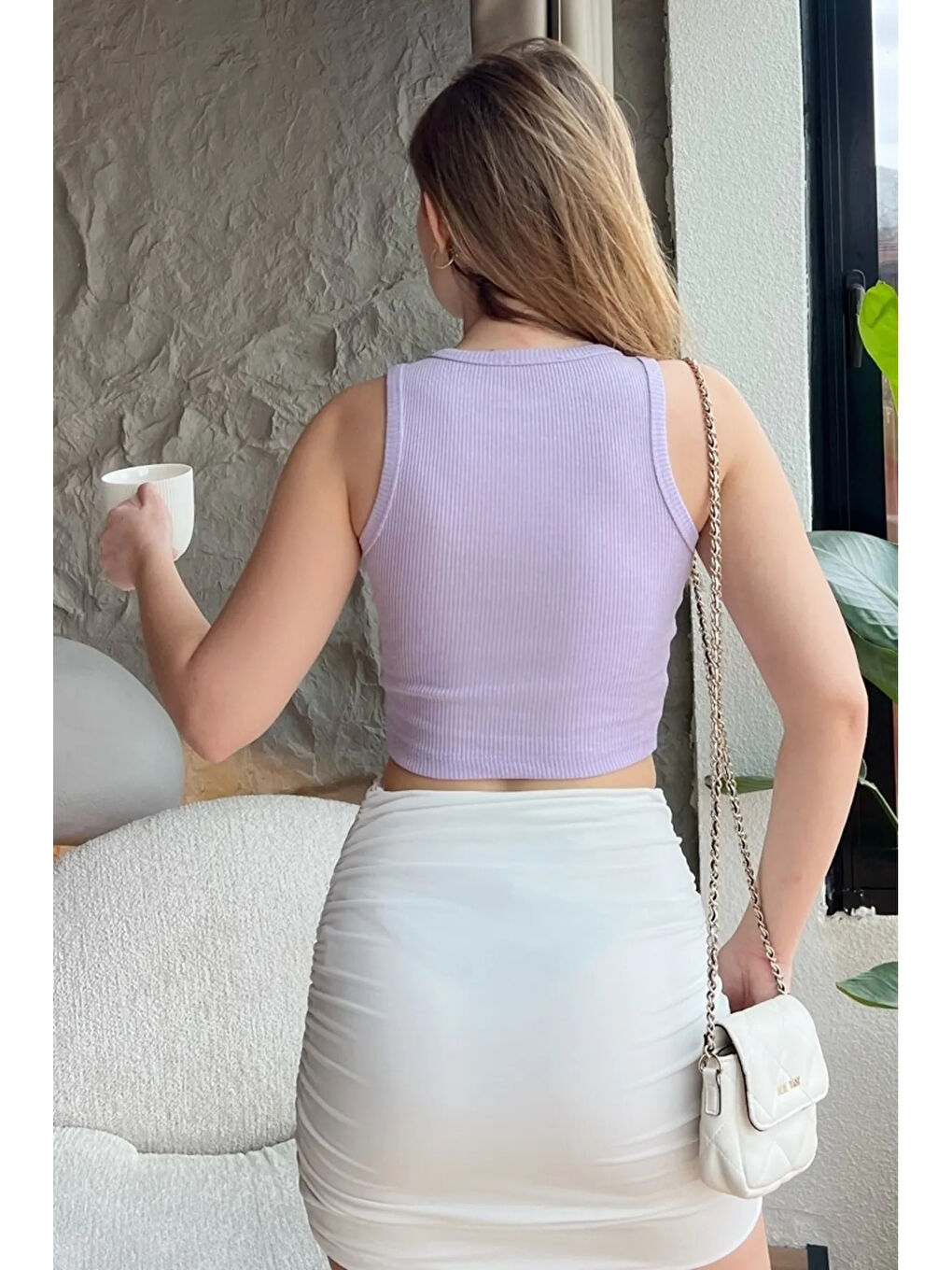 Lila Kadın Halter Yaka Fitilli Kaşkorse Pamuk Crop Bluz-2