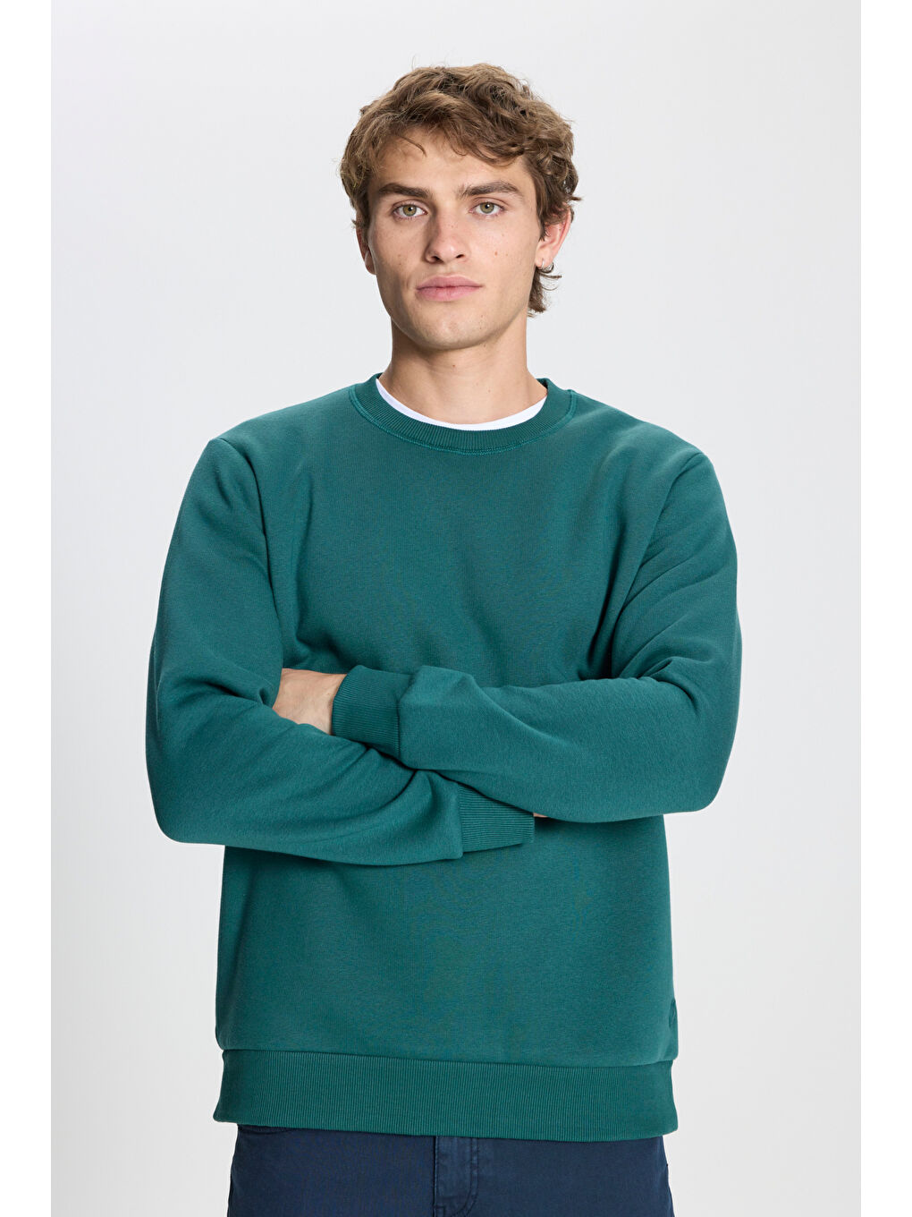 Erkek Koyu Yeşil Standart Fit Normal Kesim İçi Polarlı Bisiklet Yaka Sweatshirt-2