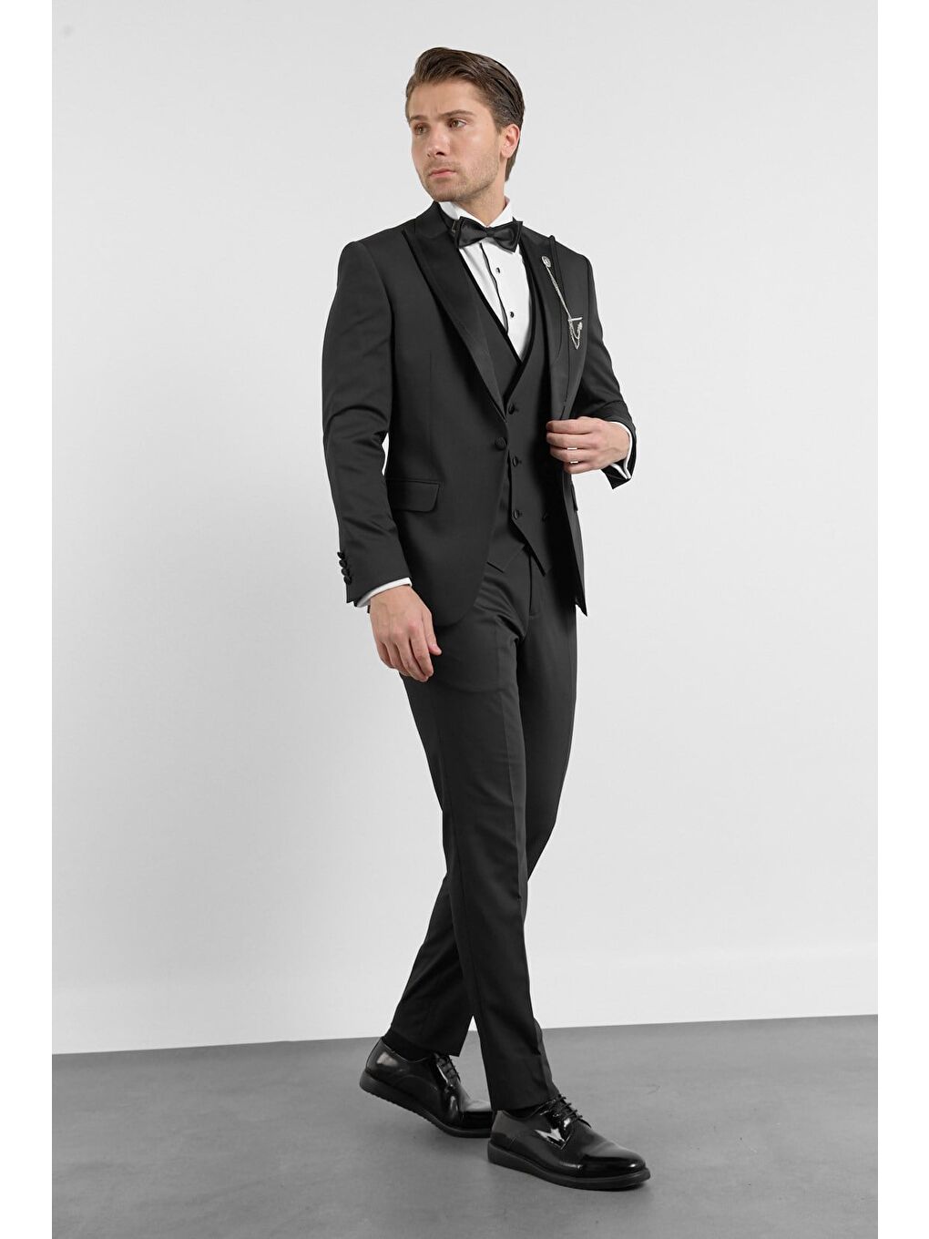 Siyah Kılıç Yaka Düz Desen 6 Drop Slim Fit Esnek Yelekli Takım Elbise 1001260287-2