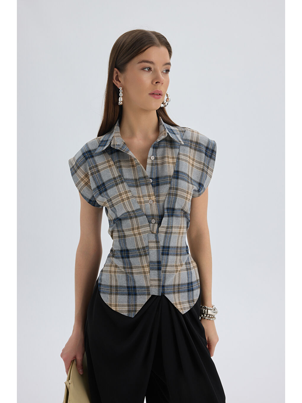 Frenzy Ekoseli Gri Kısa Gömlek-5