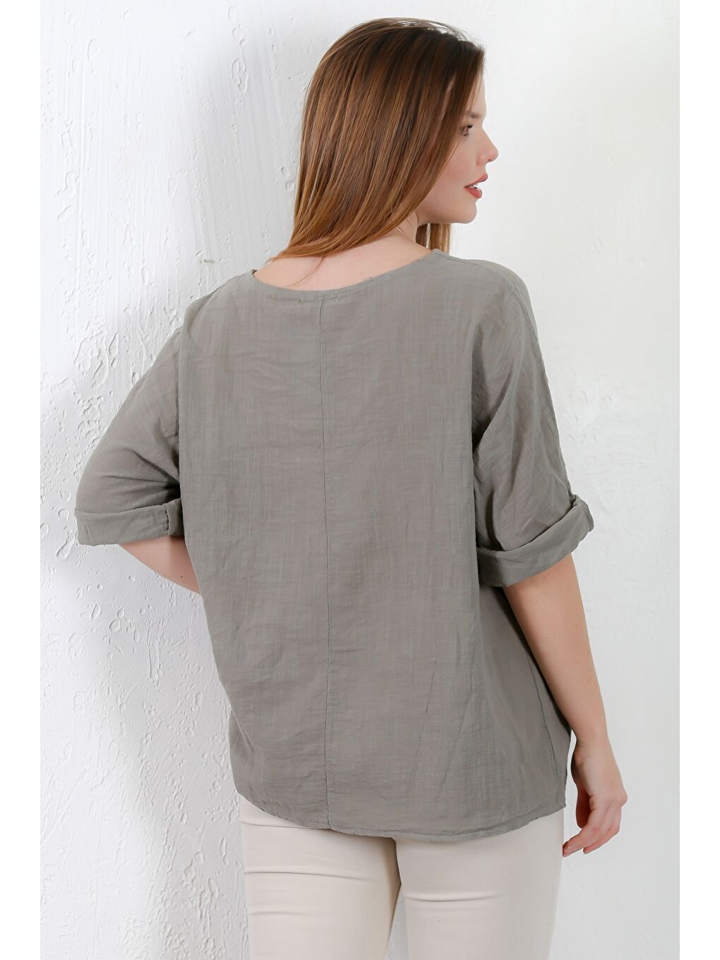 İtalyan Haki Havuz Yaka 3/4 Kol Casual Keten Karışımlı Dokuma Bluz-6