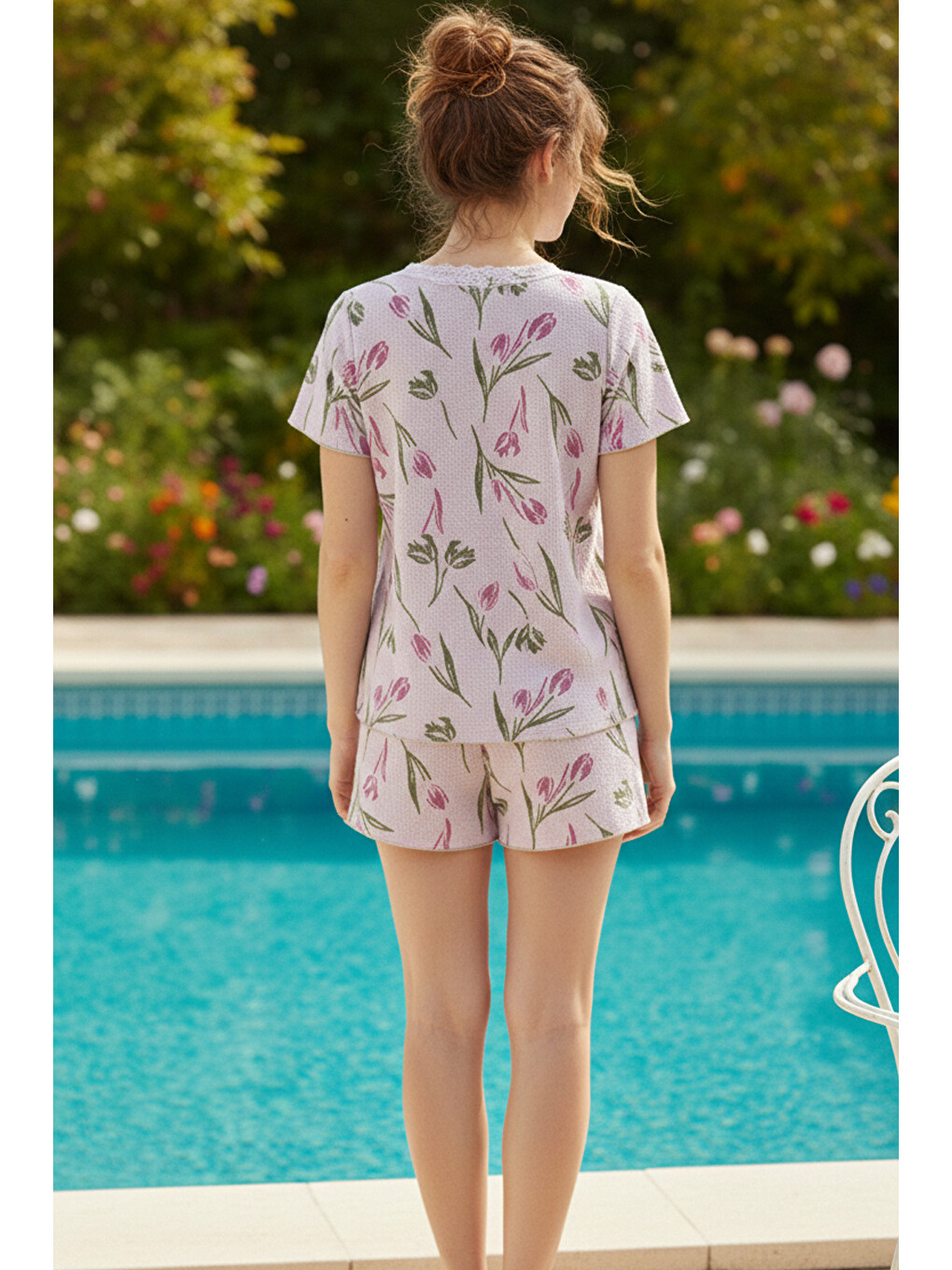 Lila Desenli Dantelli Bürümcük-krınkıl Kısa Kollu Şortlu Pijama Takım 26120227-2