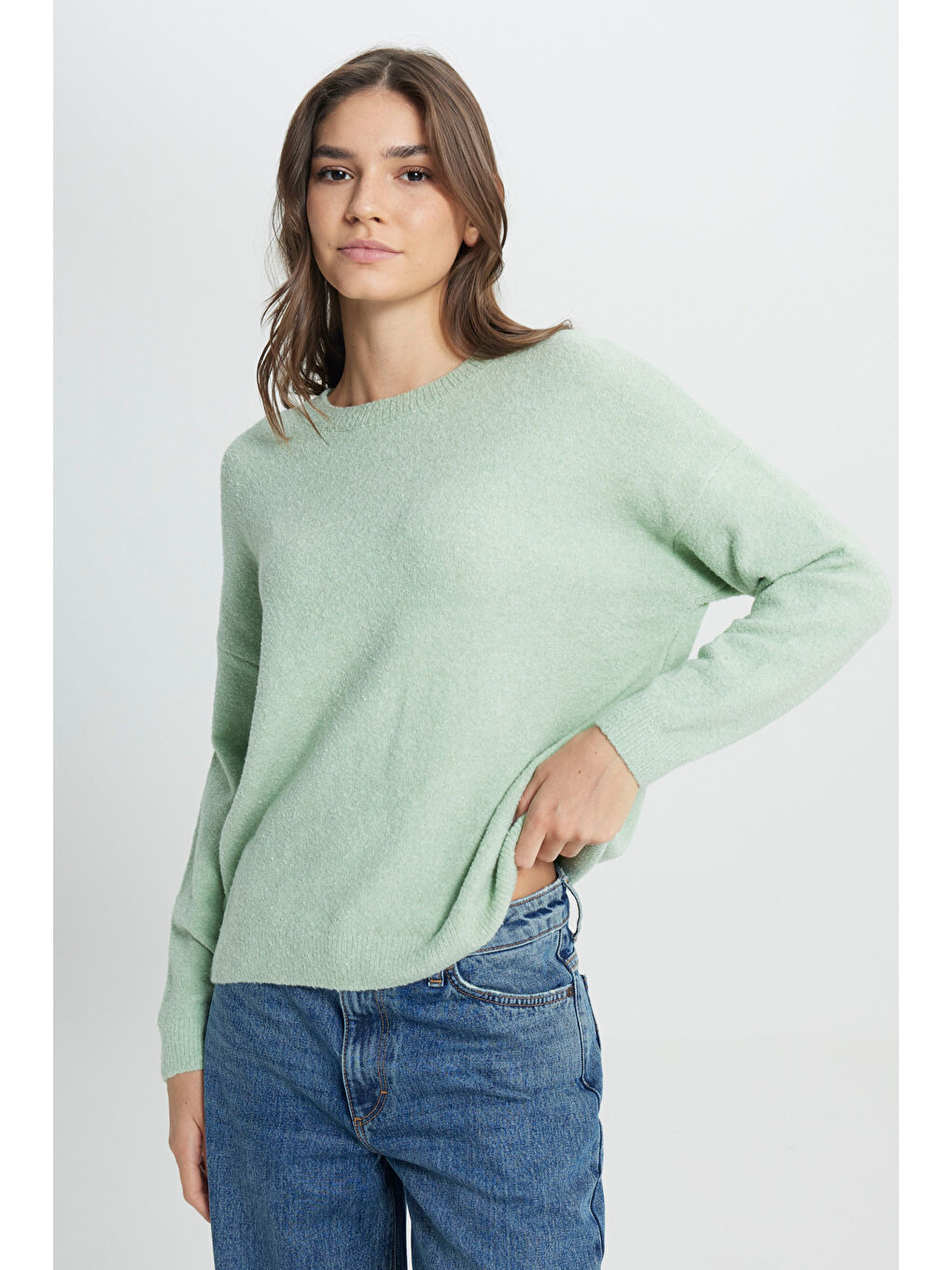 Regular Fit Normal Kesim Mint Yeşili Triko Kazak-3