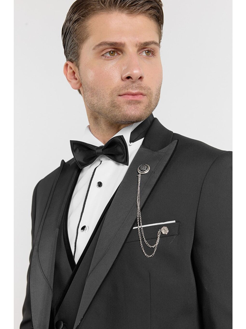 Siyah Kılıç Yaka Düz Desen 6 Drop Slim Fit Esnek Yelekli Takım Elbise 1001260287-3