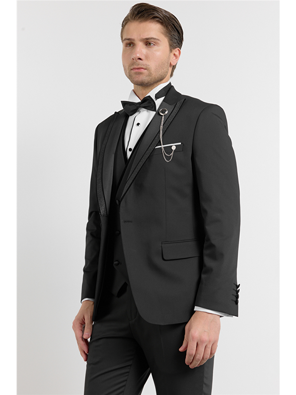 Siyah Kılıç Yaka Düz Desen 6 Drop Slim Fit Esnek Yelekli Takım Elbise 1001260288-2