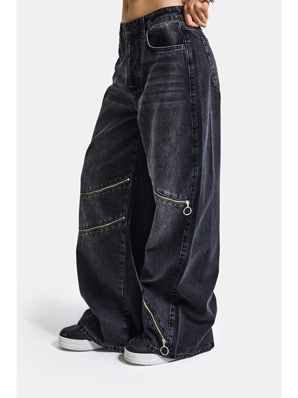 Gri Kadın Koyu Füme 2s6-1 Süper Baggy Fit Fermuar Detaylı Özel Tasarım Denim Jean-2