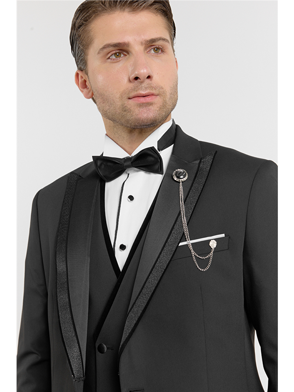 Siyah Kılıç Yaka Düz Desen 6 Drop Slim Fit Esnek Yelekli Takım Elbise 1001260288-3