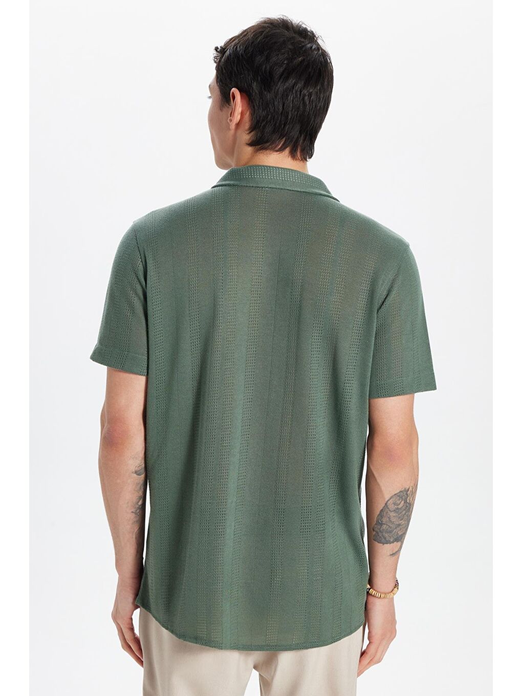 Erkek Slim Fit Örme Kumaş Apaş Yaka Rahat Kullanım Kısa Kol Haki Gömlek-4