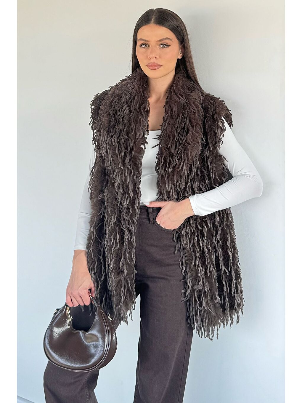 Kahverengi Kadın Astarlı Püsküllü Yelek (s-m-l-xl Uyumludur)