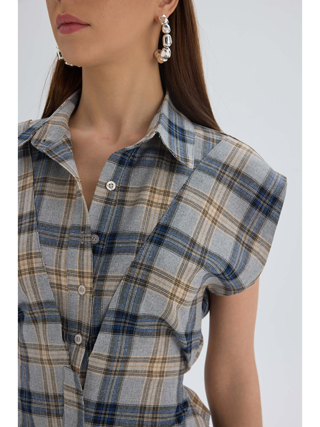 Frenzy Ekoseli Gri Kısa Gömlek-7