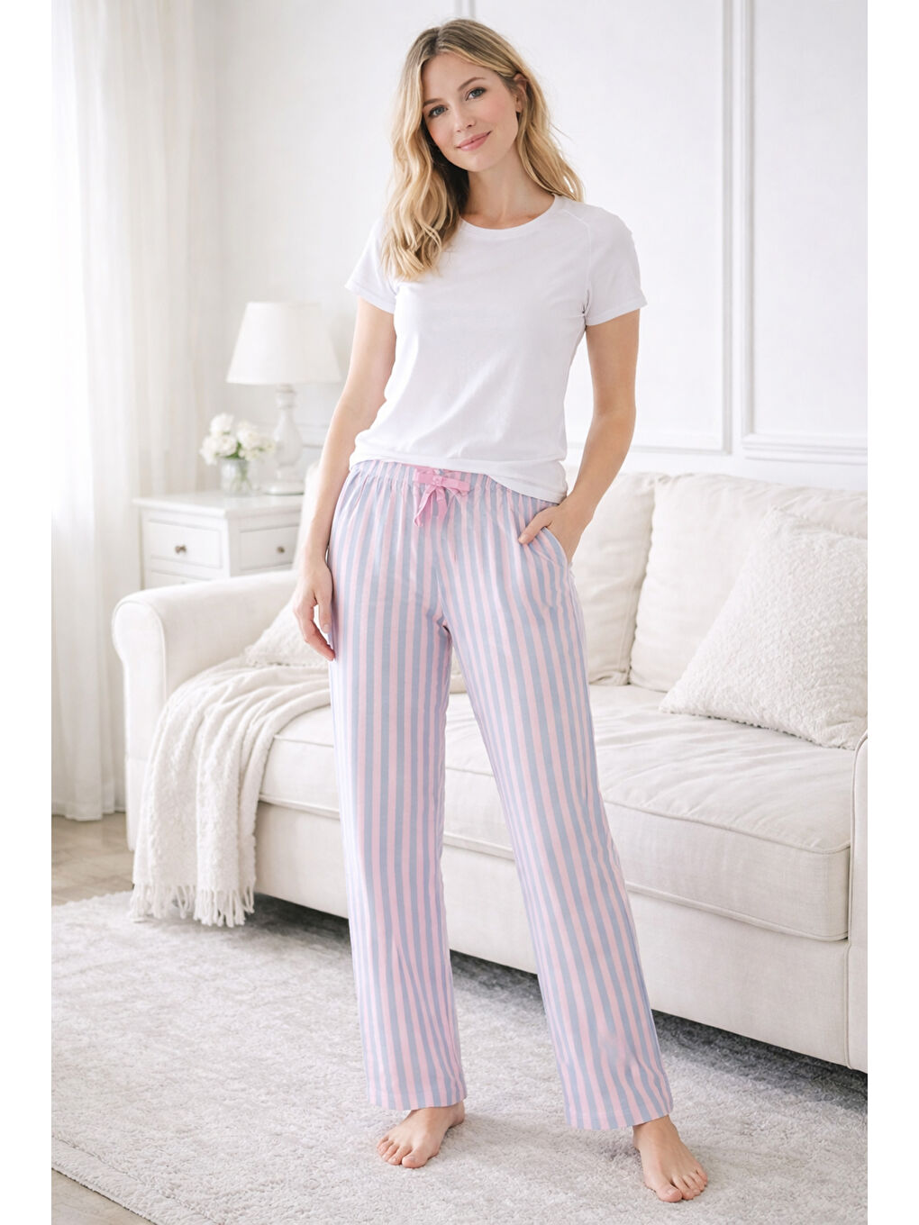 Kadın Viskon Kumaş Penye Tek Pijama Alt 08 Pembe