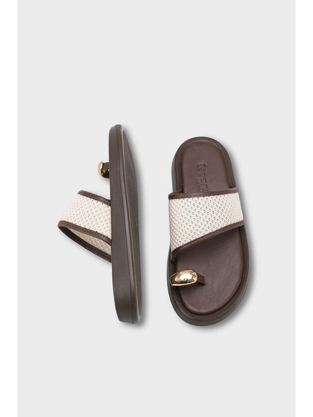 Kahverengi Selie Yuvarlak Burunlu Tek Parmaklı Metal Aksesuarlı Kadın Terlik-4