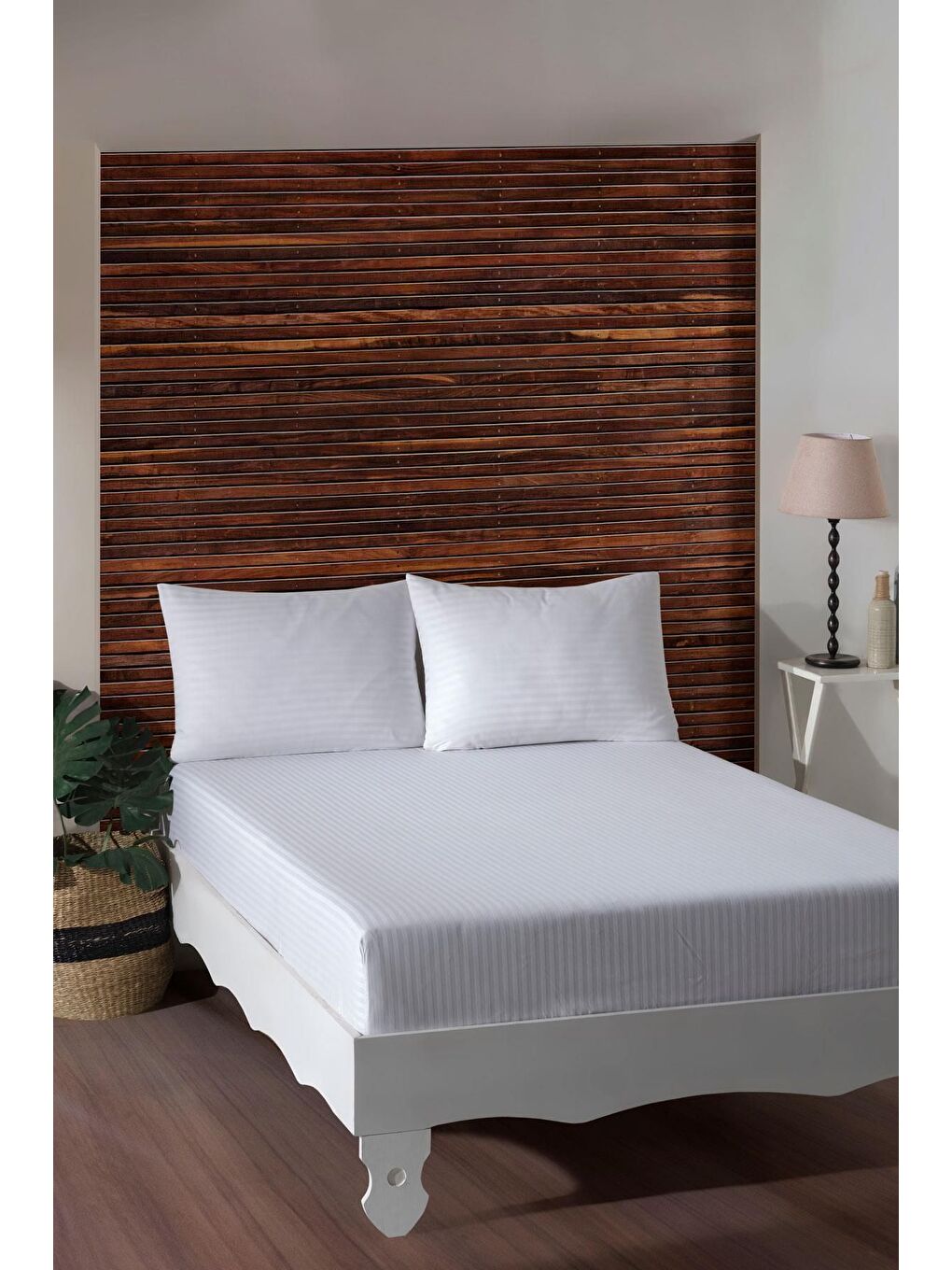 King Size Fitted Saten Çarşaf Takımı - Beyaz GRI/DUZ,SADE