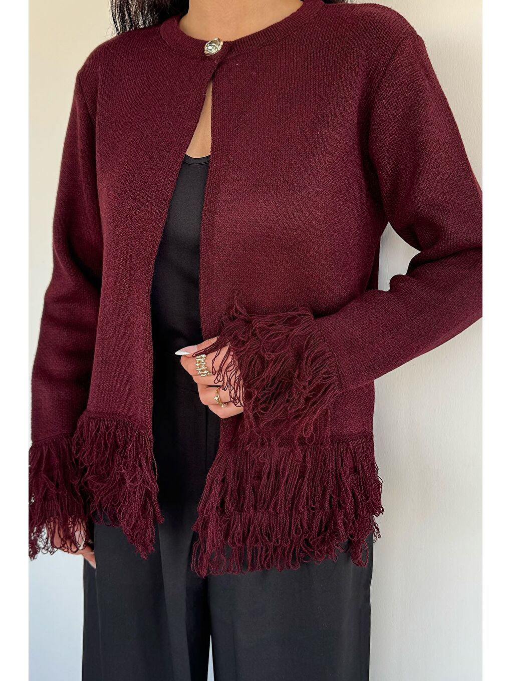 Bordo Kadın Püsküllü Triko Hırka-1
