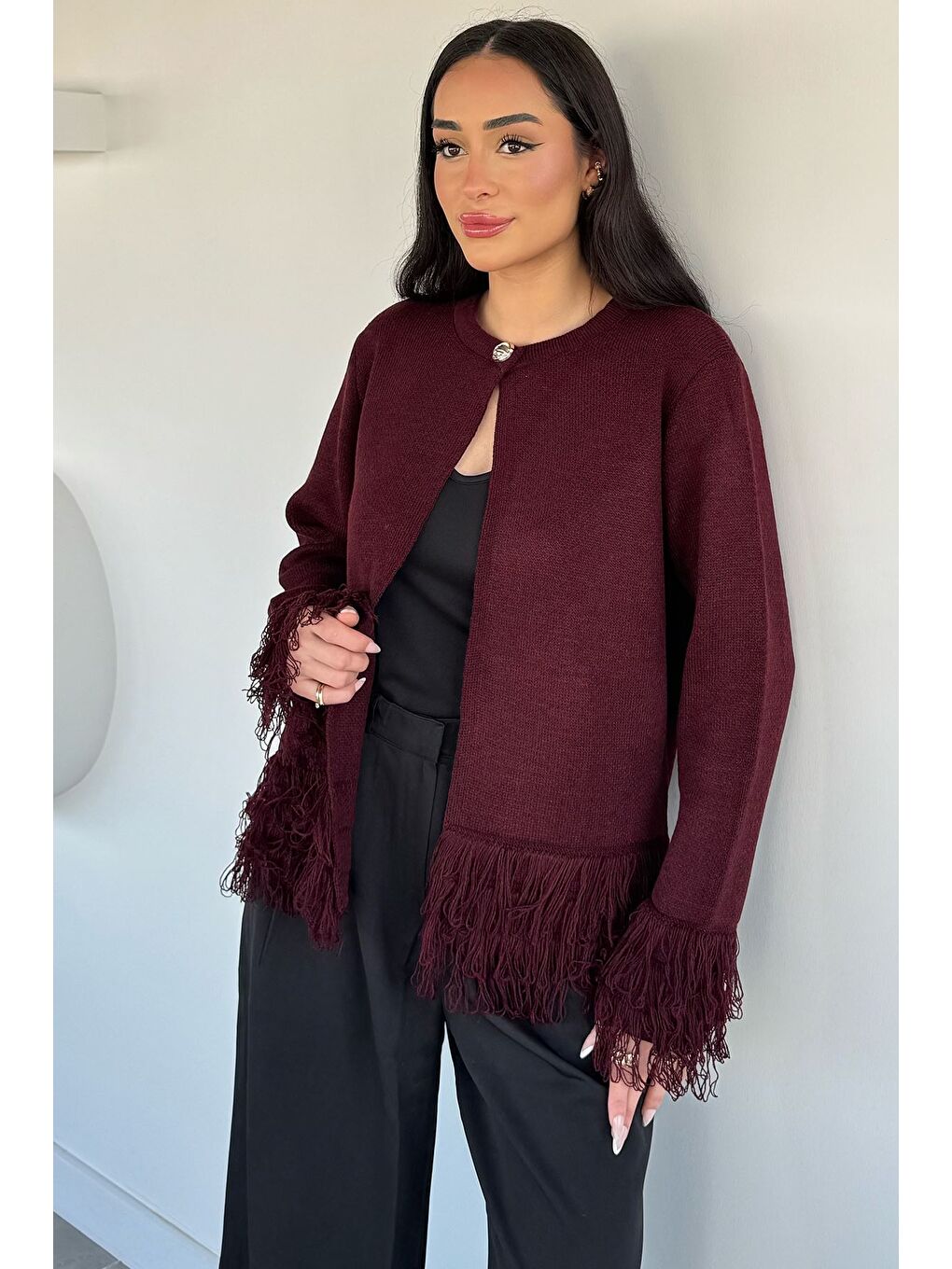 Bordo Kadın Püsküllü Triko Hırka-2