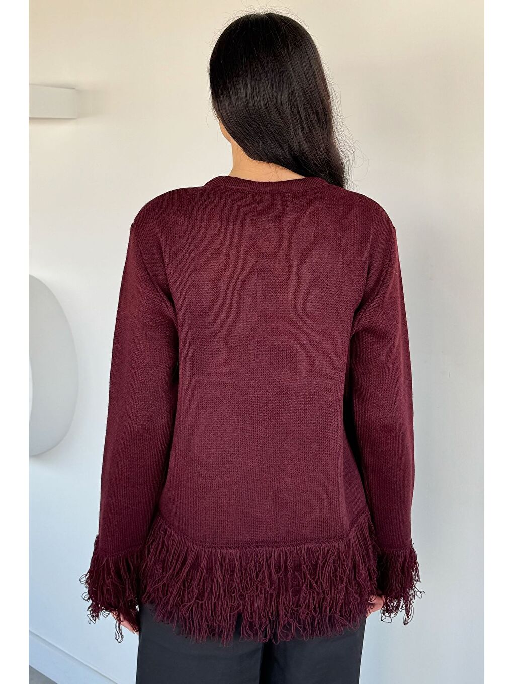 Bordo Kadın Püsküllü Triko Hırka-3