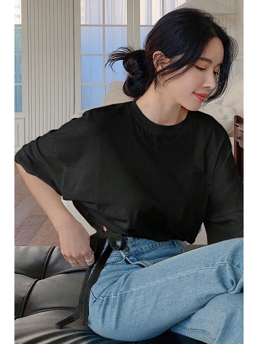 Siyah Kadın Oversize Basic Haki Tişört Yan Bağlamalı Rahat Kesim Günlük Yazlık T-Shirt
