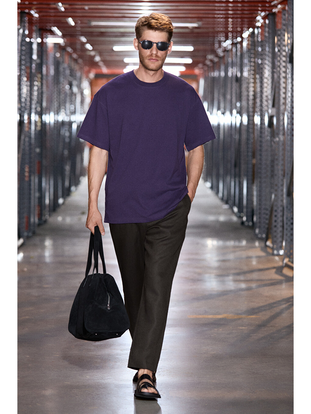 Mor JETT Erkek Oversize Fit %100 organik Pamuk Kalın Dokulu Bisiklet Yakalı KOYU MOR T-Shirt-3