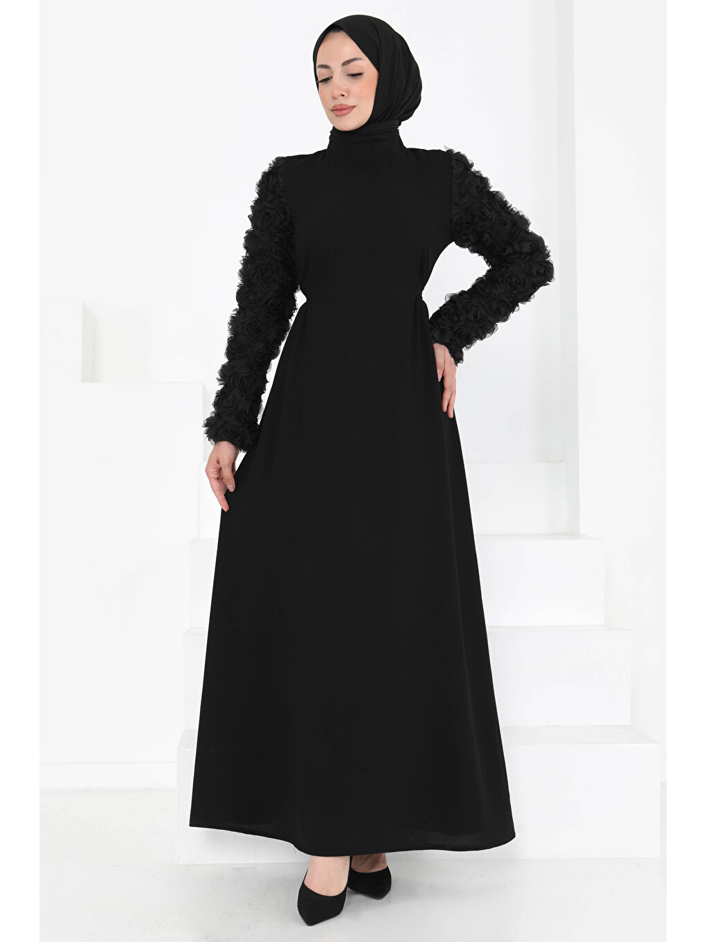 Kolu Güllü Elbise Siyah - 27185-1