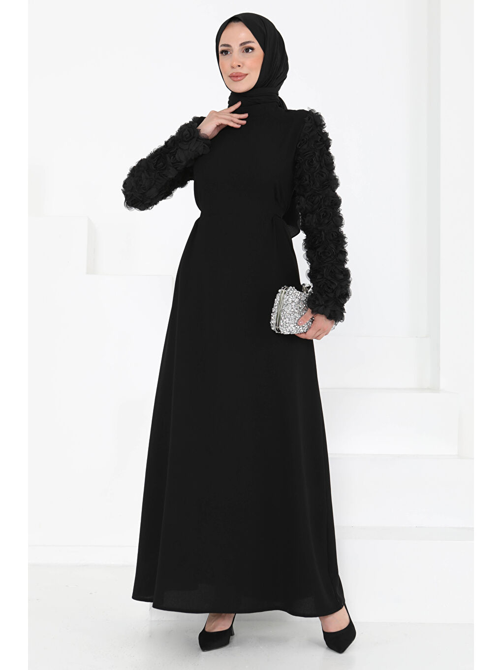 Kolu Güllü Elbise Siyah - 27185-2