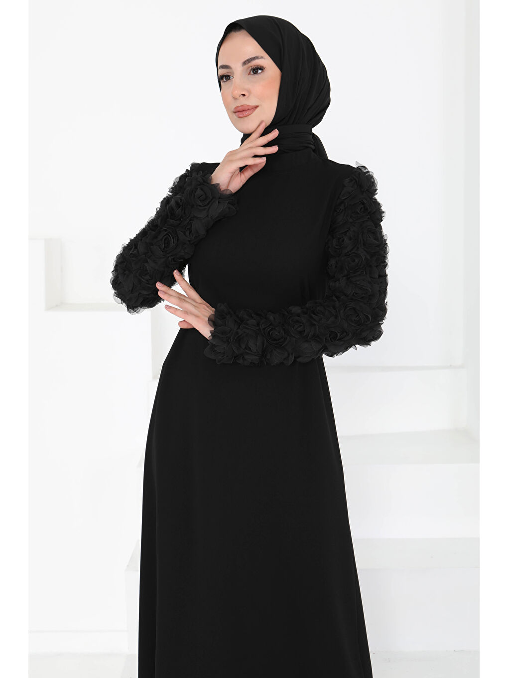 Kolu Güllü Elbise Siyah - 27185-3